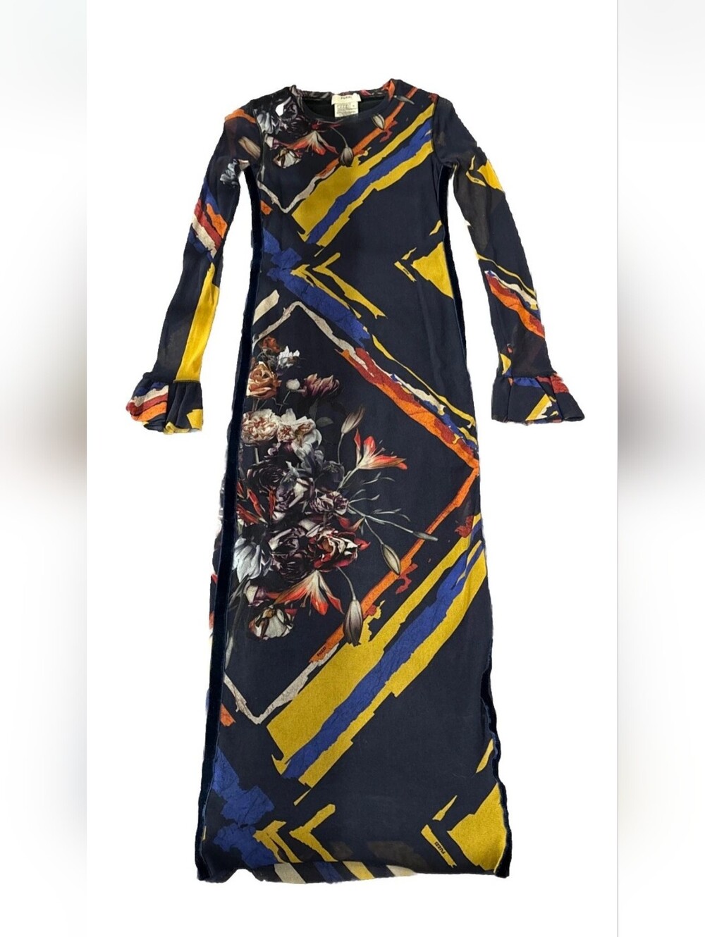 Navy Blue Floral Midi Bodycon Dress with Long Sleeves Size XS